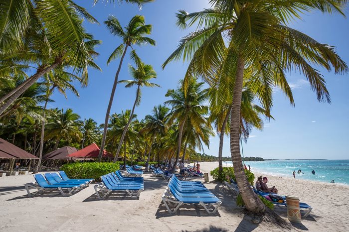 Hívogató a Dominikai Köztársaság homokos partja és a színtiszta vize a pálmafák ölelésében.